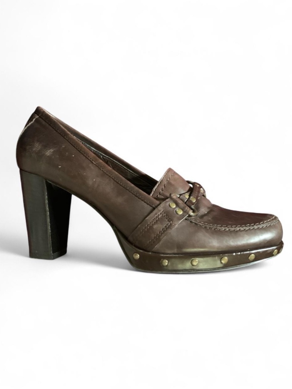 Liz Claiborne Brown Leather High-Heel Studded Loafer Y2K